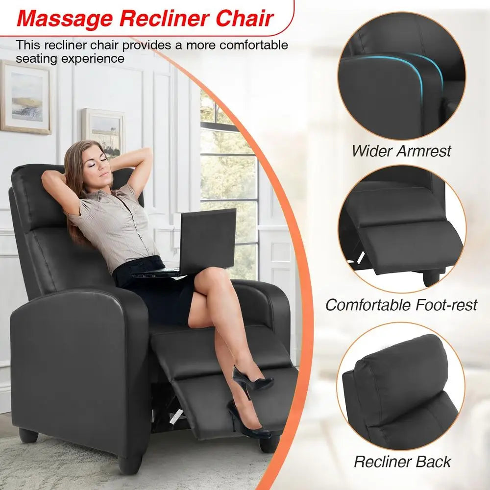 Black Leather Massage Recliner with Lumbar Support