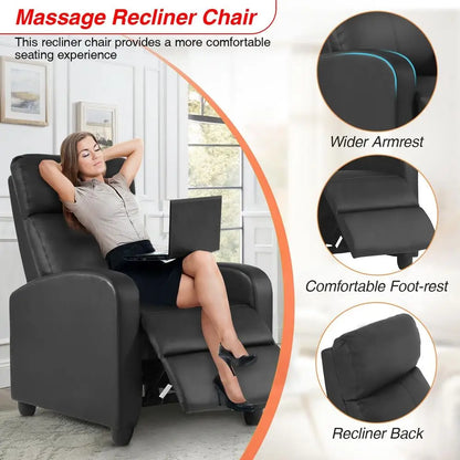 Black Leather Massage Recliner with Lumbar Support