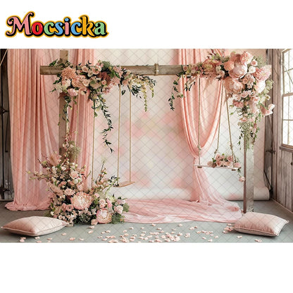 Mocsicka Photography Background Spring Indoor Wreath Cradle Decor Wedding Maternity Adult Kids Portrait Backdrop Photo Studio