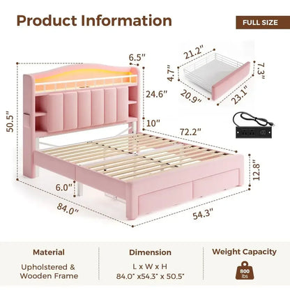 LED Velvet Bed Frame with Storage Headboard & 2 Drawers