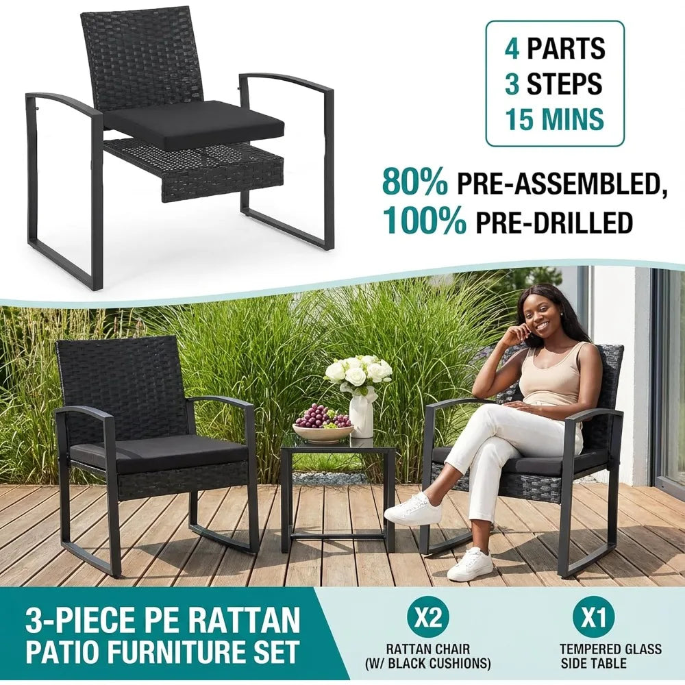 Outdoor Rattan Bistro Set with Coffee Table (3‑Piece)