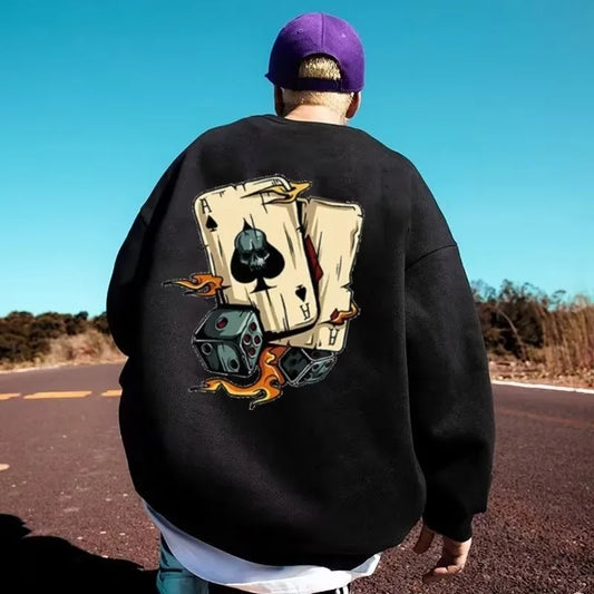 M-8XL Autumn Men Oversized Sweatshirts Fashion Loose American Trendy Play Cards Print Long Sleeve Plus Velvet Couple Clothes