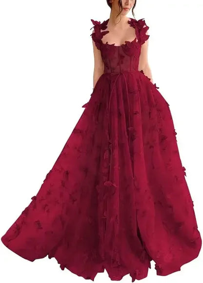 Elegant Corset Evening Gown with Tulle Skirt & 3D Butterfly Appliqués