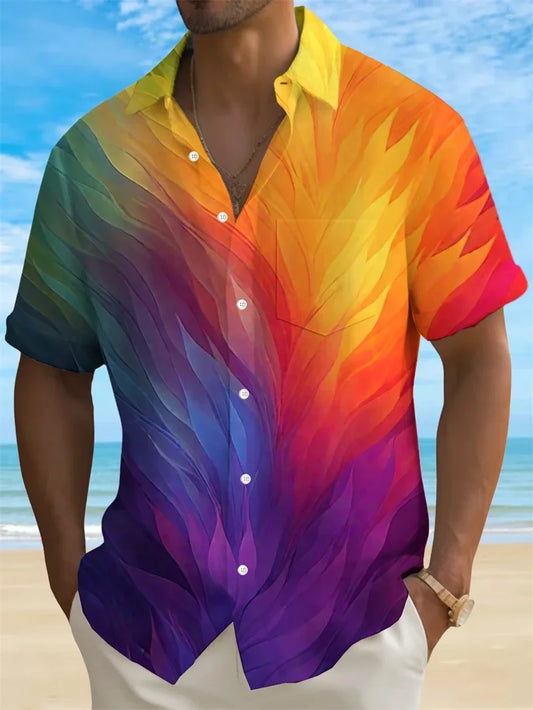 Men's 3D Print Colorful Feather Short Sleeve Turndown Hawaiian Button Up No Pockets Shirts