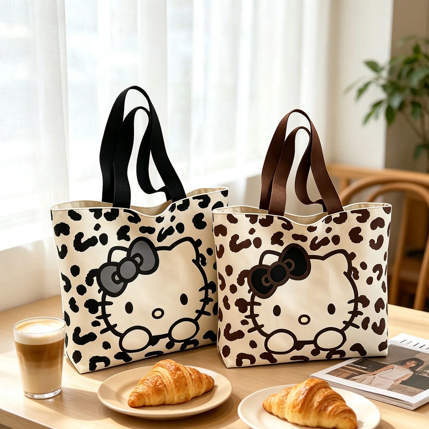 Hello Kitty Leopard Print Canvas Handbag (Lightweight Large‑Capacity Shoulder Tote)