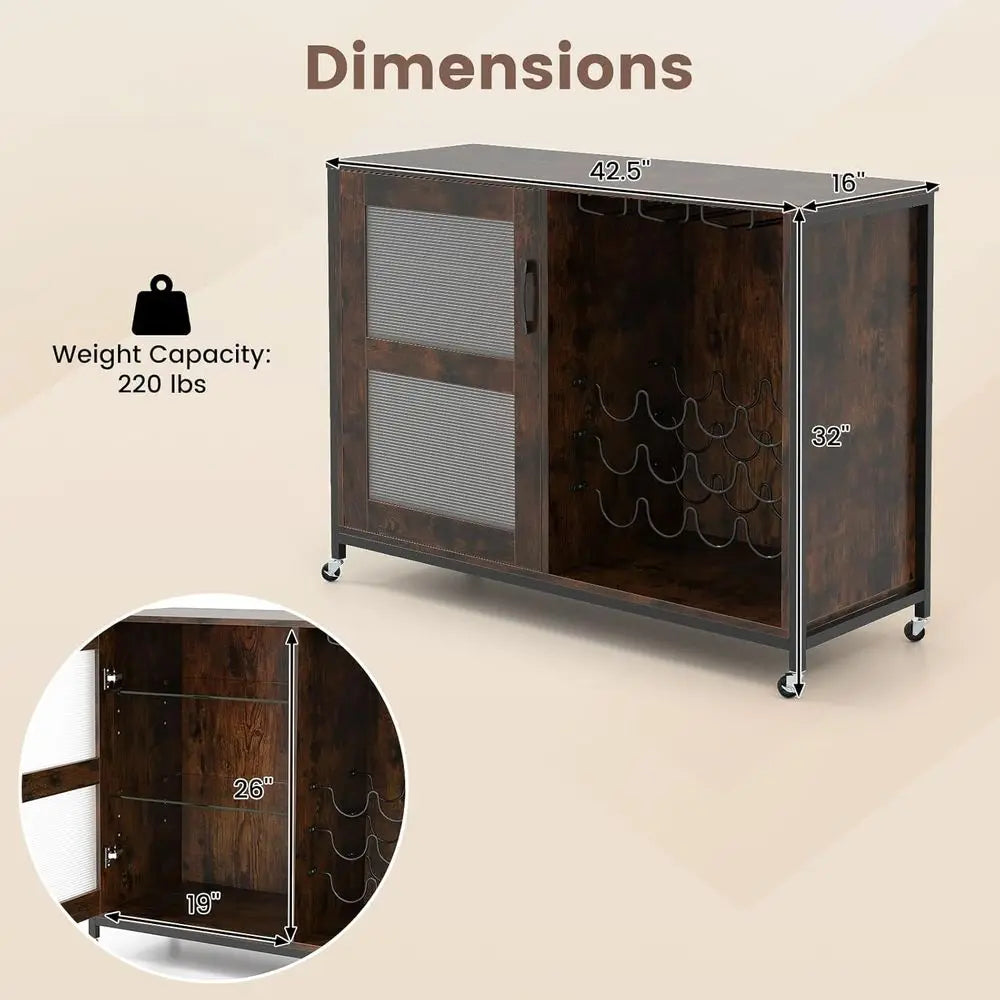 Rolling Wine Bar Cabinet with LED Lights — Rustic Brown