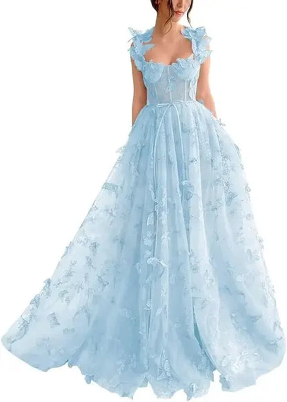 Elegant Corset Evening Gown with Tulle Skirt & 3D Butterfly Appliqués
