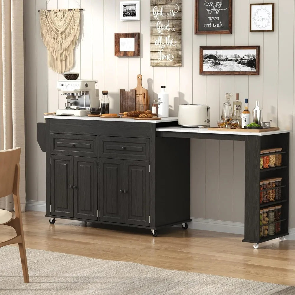 80"–48" Extendable Kitchen Island with Power Outlet & Marble Top