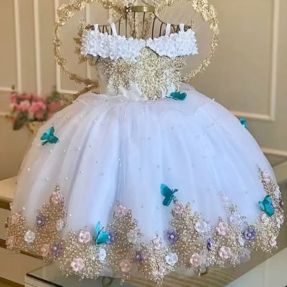 Custom Pink &amp; Purple 3D Floral Flower Girl Dress (Wedding · First Christmas · Birthday Party · Cap Sleeves)