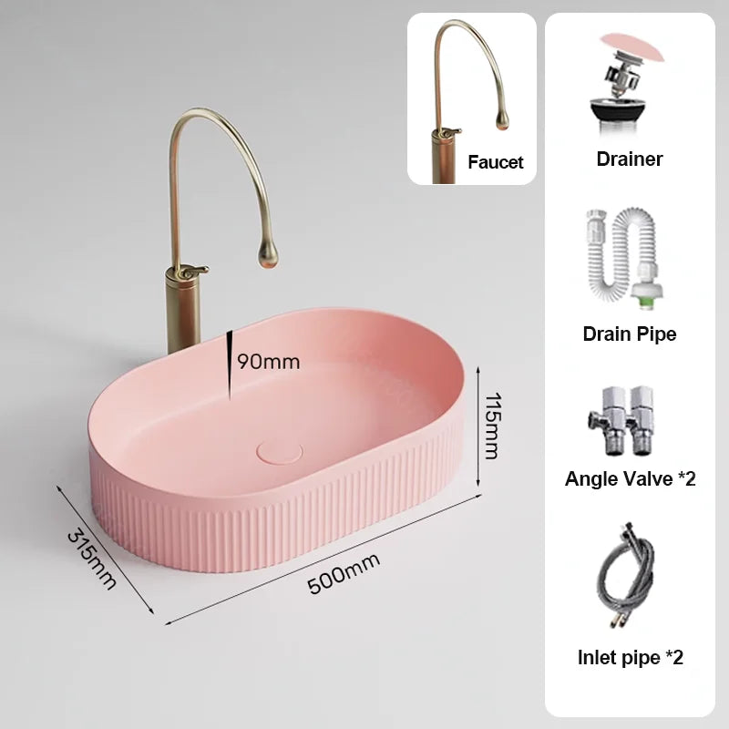 Pink Ceramic Vessel Sink – Modern Countertop Basin with Drain