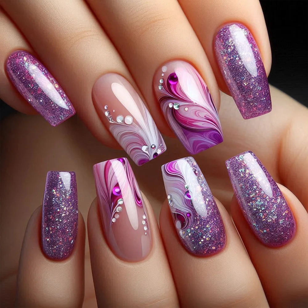 24pcs Gold Stripe Press‑On Nails – Long Square Full Cover Tips