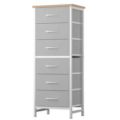 Tall 6‑Drawer Fabric Dresser with Wood Top & Metal Frame
