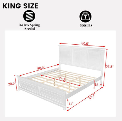 King Farmhouse Wood Bed Frame with Tall Headboard & Footboard