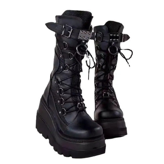 Spring Autumn Black Women Wedge Boots Platform Boots Knee High Motorcycle Boots Black Closed Toe Lace Up Long Boots Large size