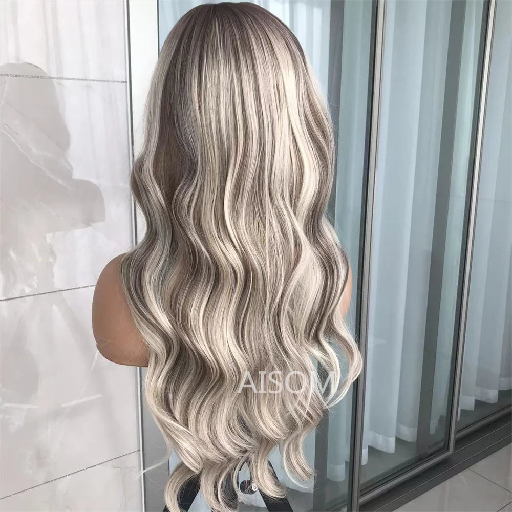 Ash Blonde Body Wave Lace Front Wig – Pre‑Plucked Long Wavy Synthetic Lace Frontal for Women