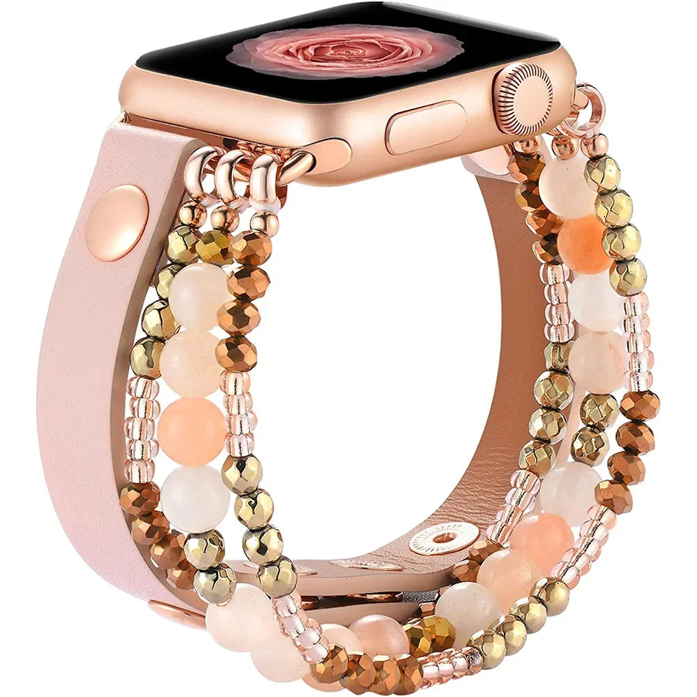 Leather Strap For Apple Watch Ultra 2 Band 49mm 40mm 46mm 41mm Women Elastic Beaded Bracelet Iwatch Series 10 9 8 7 6 SE 5 45mm