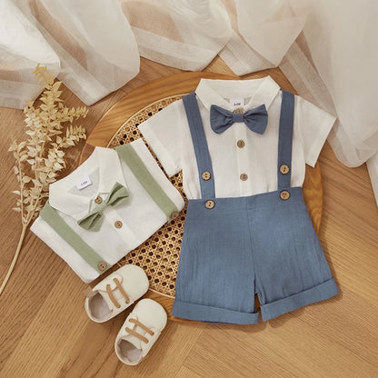 Baby Boy Outfits Short Sleeves Romper with Bow Tie Overalls Short Set