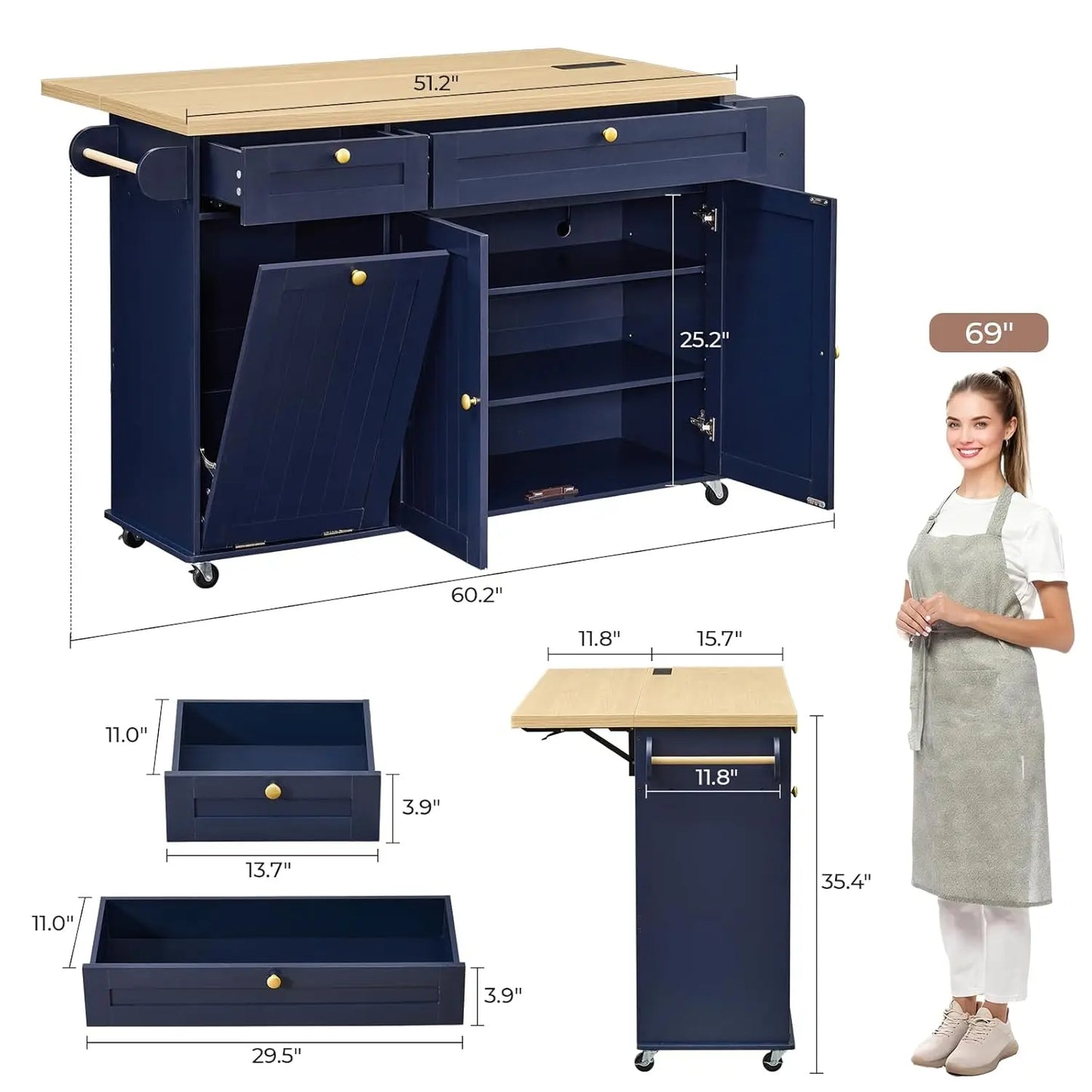 60.2" Kitchen Islands with Storage, Rolling Island Table with Trash Can Storage Cabinet, Mobile Island Cart with, Customized