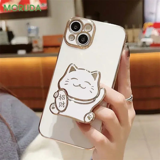 Lucky Cat Folding Stand Silicone Phone Case for iPhone 16 15 14 Pro Max 13 12  Plus XR  Max 11 Luxury Plating Case