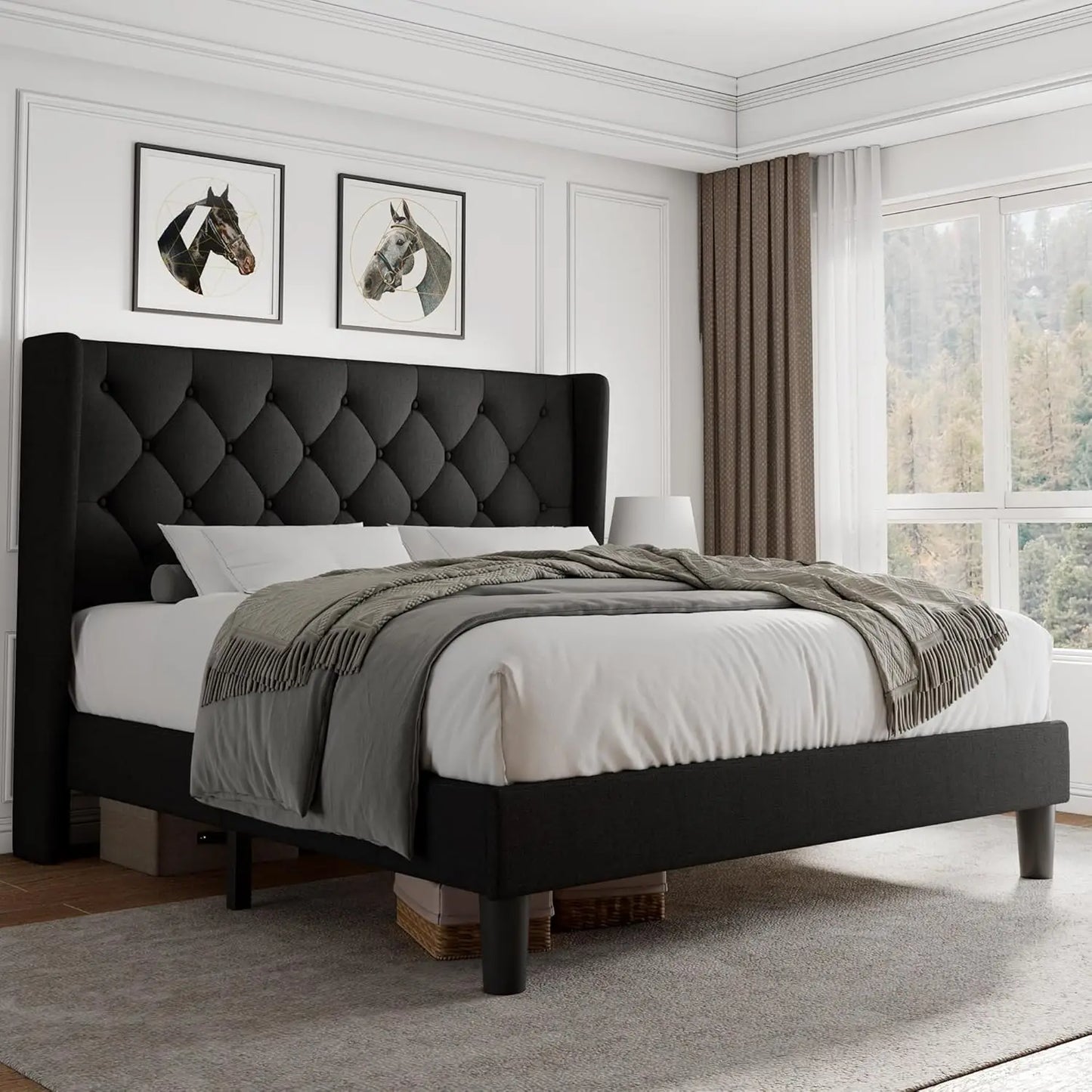 Queen Size Platform Bed Frame with Button Tufted Headboard, Upholstered Bed Frame with Solid Wooden Slats, 8", Customized
