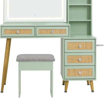 Boho Rattan Vanity with 3‑Mode LED Mirror & Stool – Mint