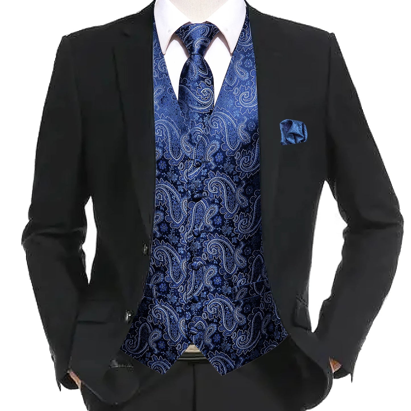 Hi-Tie 20 Color Silk Men's Vests Tie Slim Sleeveless Jacket Hanky Cufflink Waistcoat 4PC Suit