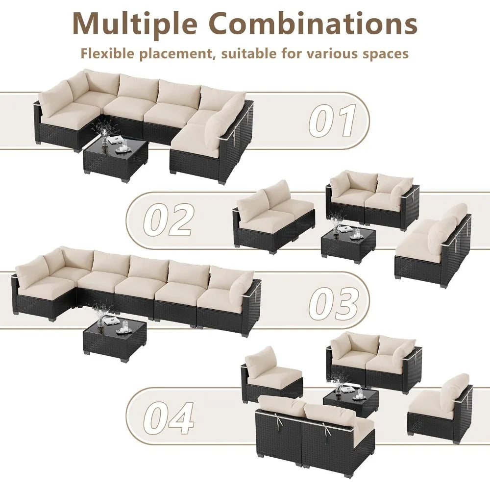 7‑Piece Wicker Rattan Patio Sectional Set with Coffee Table & Cushions