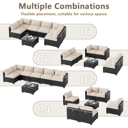 7‑Piece Wicker Rattan Patio Sectional Set with Coffee Table & Cushions