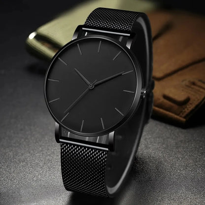 Mens Business Black Luxury Watches Stainless Steel Ultra Thin Mesh Belt Quartz