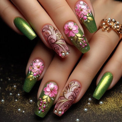 24pcs Gold Stripe Press‑On Nails – Long Square Full Cover Tips