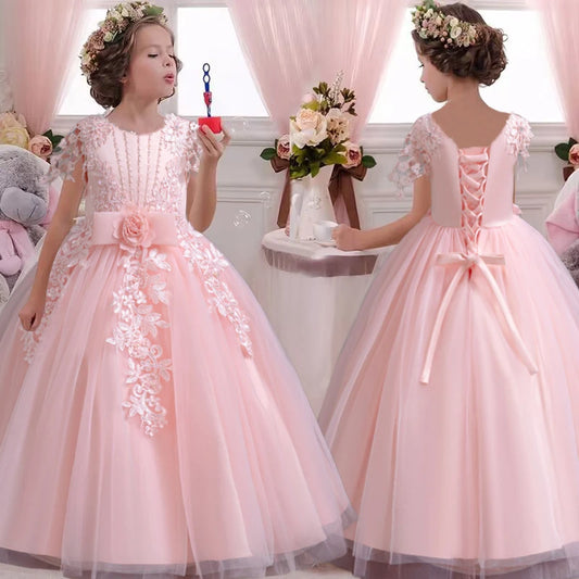 Girl's Elegant Wedding Embroidered Mesh Princess Graduation Party Prom Evening Dress 4–12-Year-Old