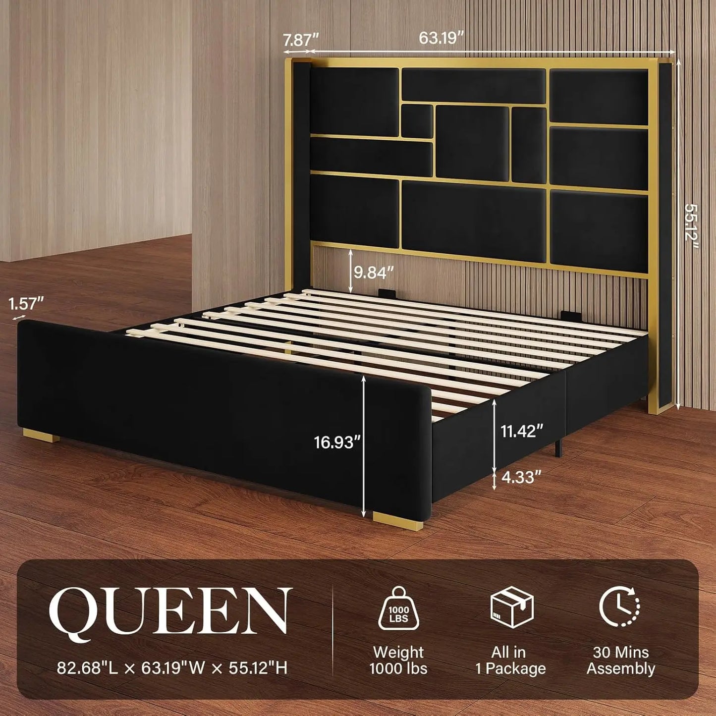 Full Bed Frame with 55" Tall Velvet Headboard – Gold Trim