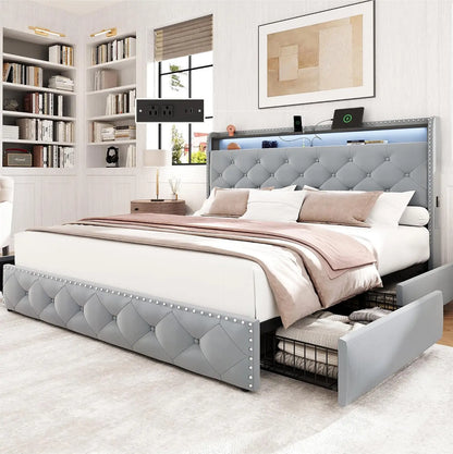 Queen Upholstered LED Platform Bed w/ 4 Storage Drawers
