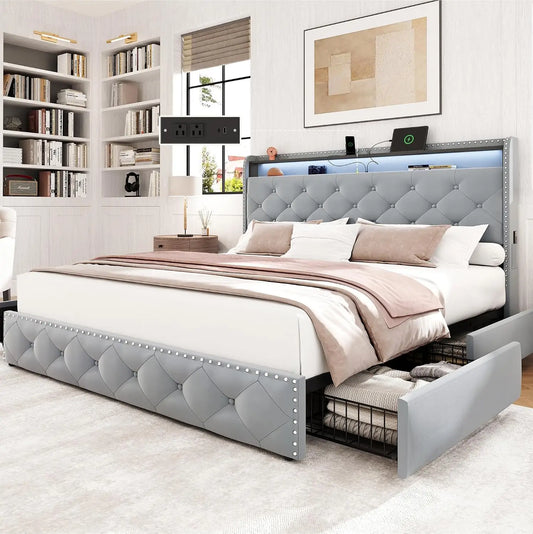 Queen Upholstered LED Platform Bed w/ 4 Storage Drawers