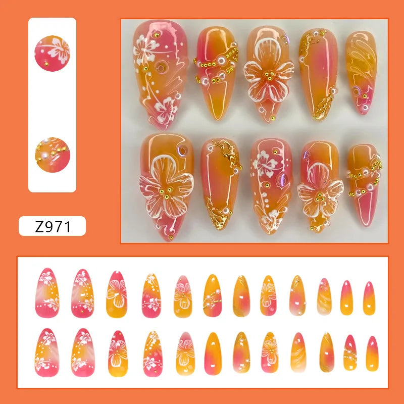 24pcs White Flower Fake Press on Nail Tips Yellow Pink Blush Full Cover Almond Shaped