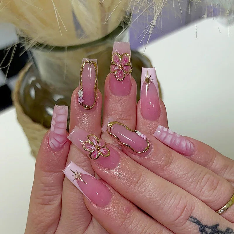 24Pcs Gold French Border False Long Coffin Press on Nails with Rhinestones Ballerina Full Cover
