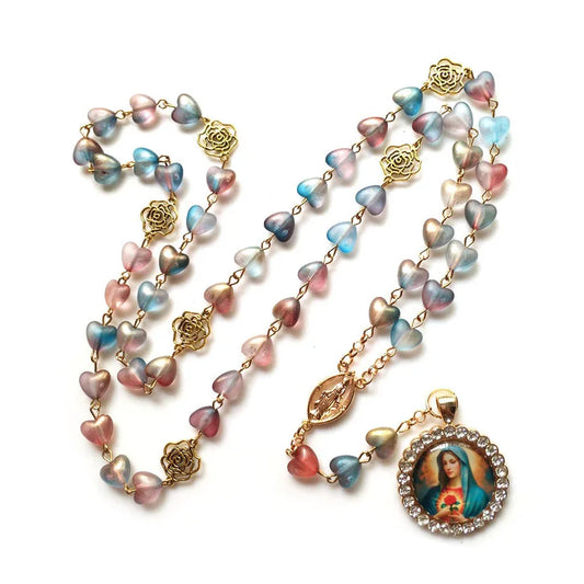 QIGO Acrylic Heart Rosary Long Glass Sacred of Mary Pendant Necklace For Women Religious Jewelry