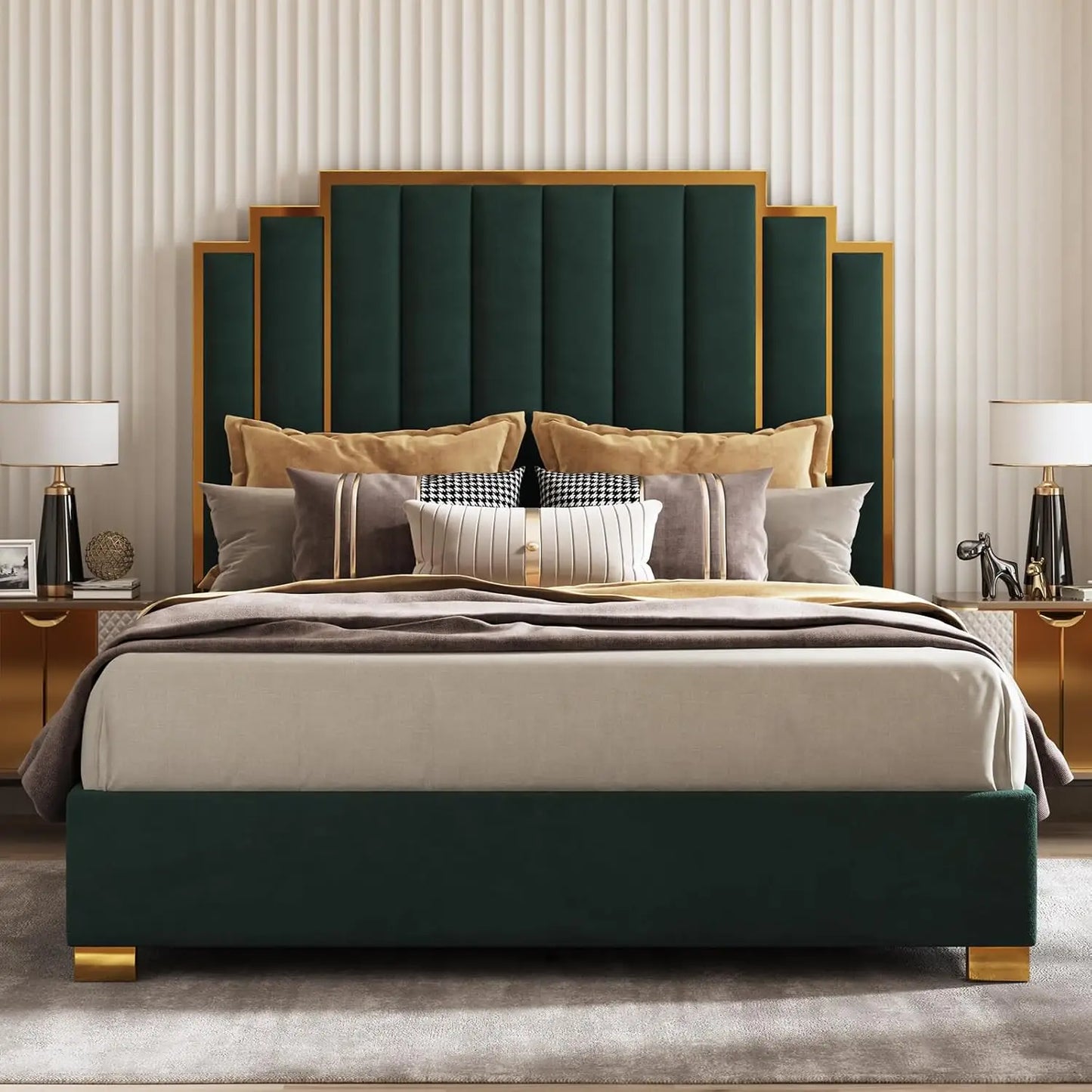 King Velvet Bed Frame with 65" Gold Trim Headboard – Black (Custom)