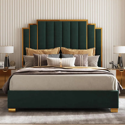 King Velvet Bed Frame with 65" Gold Trim Headboard – Black (Custom)