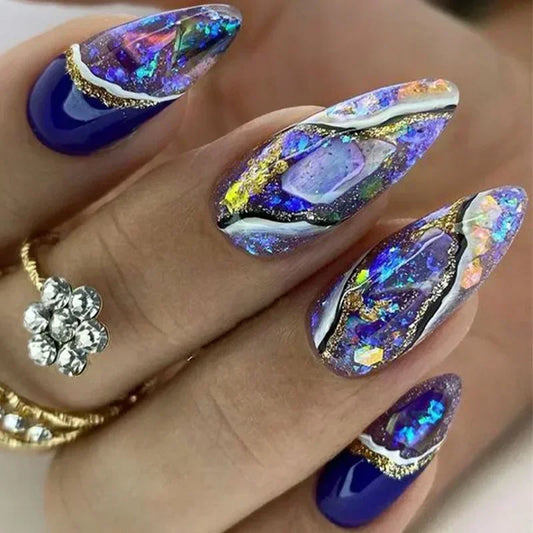 24Pcs False Full Cover Press on Nail Tips Purple Heart Almond  with Glue
