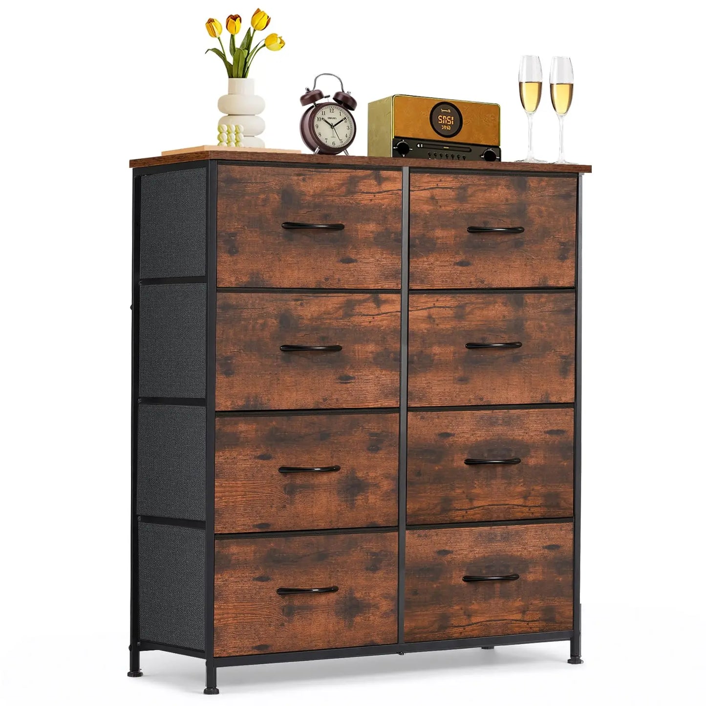 9‑Drawer Tall Bedroom Dresser with Wooden Top & Fabric Bins