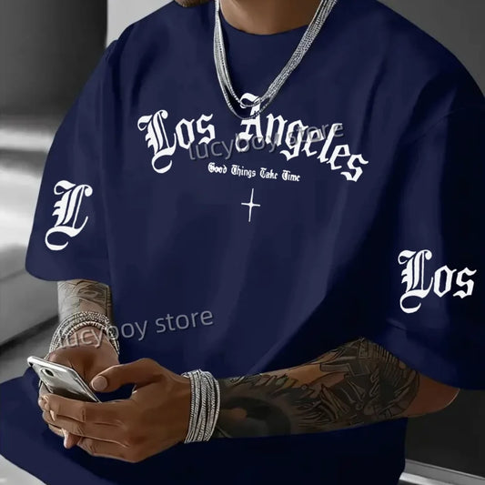 LOS ANGELES  Print Mens  Jersey T-shirt Short Sleeve PLUS size round neck