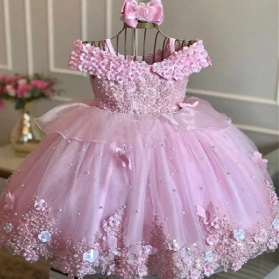 Custom Pink &amp; Purple 3D Floral Flower Girl Dress (Wedding · First Christmas · Birthday Party · Cap Sleeves)