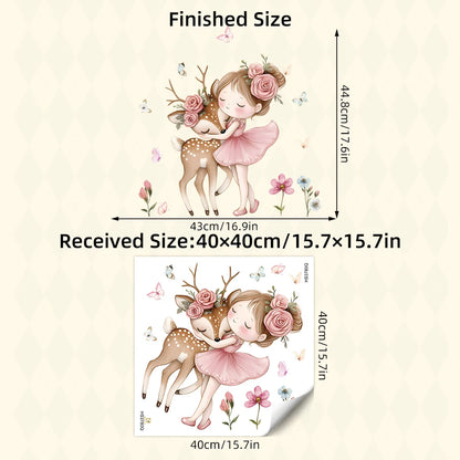Cartoon Girl With Deer Wall Decal Woodland Animal Bedroom Decor Waterproof Peel-Stick Home Art For Playroom Wall Art Decals