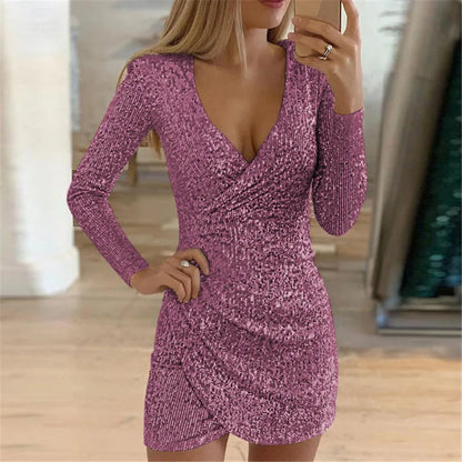 Dresses For Women 2025 Sexy Deep V-Neck Silver Sequin Mini Bodycon Dress Spring Autumn Long Sleeve Party Dress Female