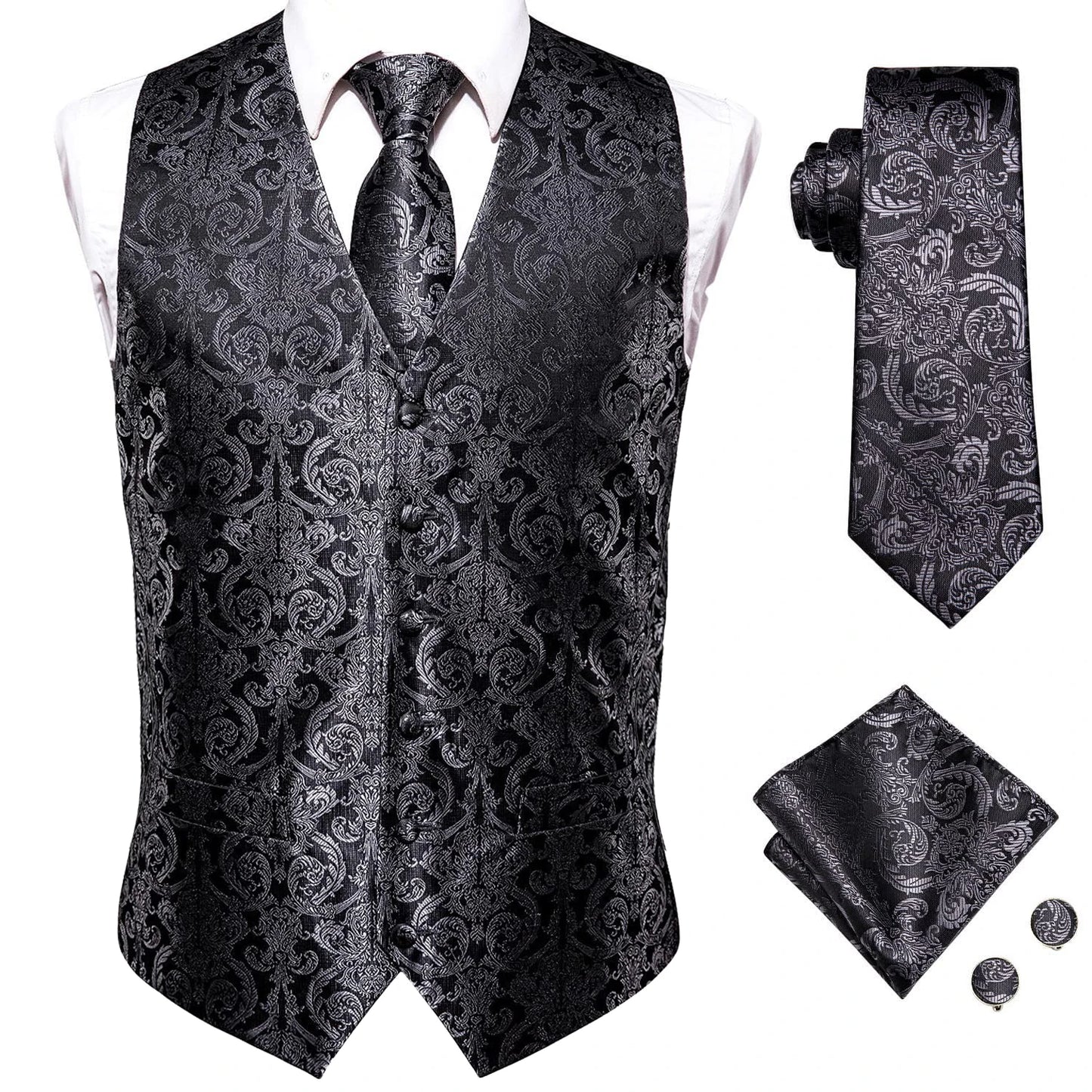 Hi-Tie 20 Color Silk Men's Vests Tie Slim Sleeveless Jacket Hanky Cufflink Waistcoat 4PC Suit