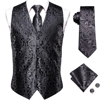 Hi-Tie 20 Color Silk Men's Vests Tie Slim Sleeveless Jacket Hanky Cufflink Waistcoat 4PC Suit