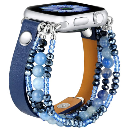 Leather Strap For Apple Watch Ultra 2 Band 49mm 40mm 46mm 41mm Women Elastic Beaded Bracelet Iwatch Series 10 9 8 7 6 SE 5 45mm