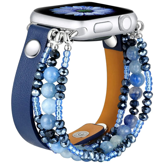 Leather Strap For Apple Watch Ultra 2 Band 49mm 40mm 46mm 41mm Women Elastic Beaded Bracelet Iwatch Series 10 9 8 7 6 SE 5 45mm