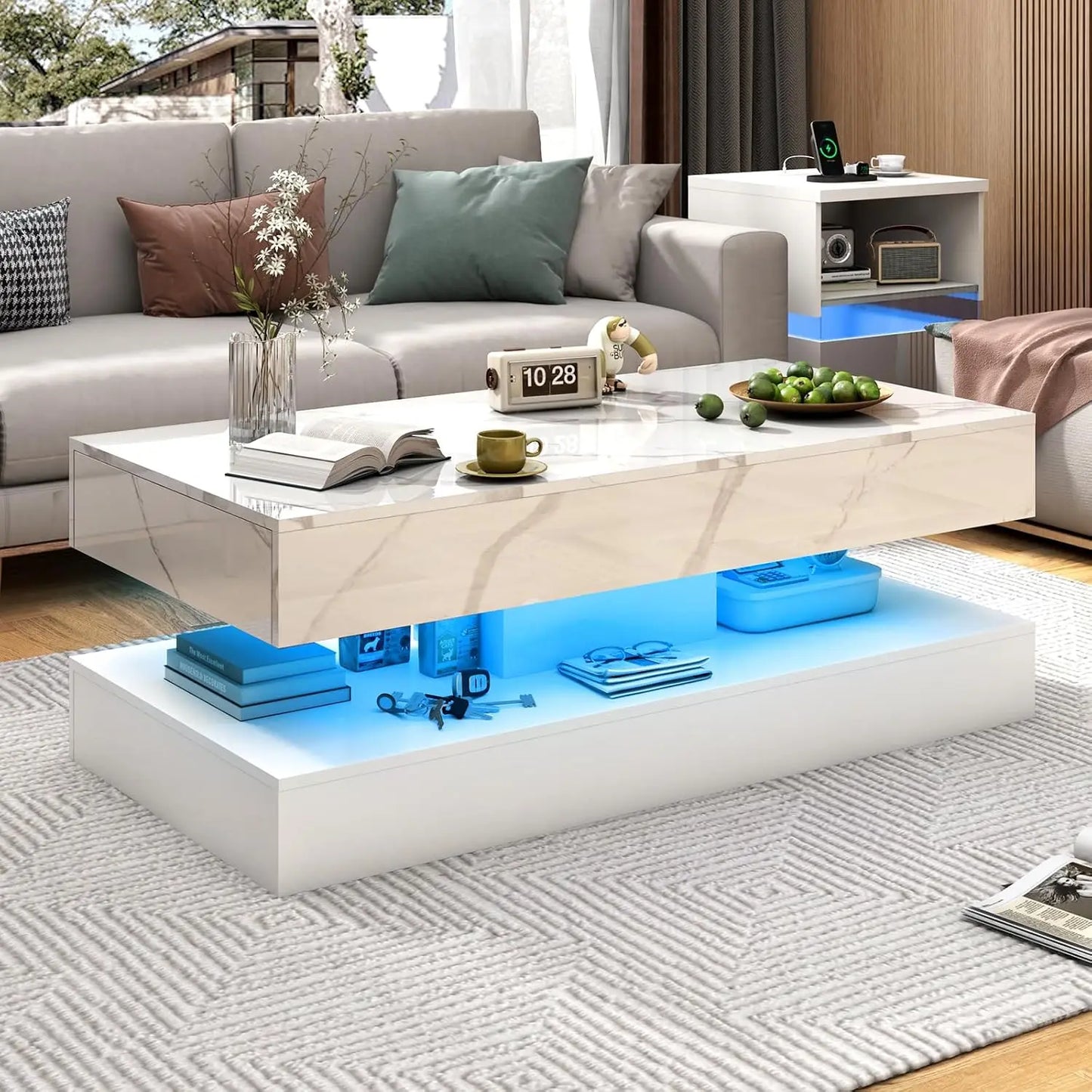47.2" High‑Gloss LED Coffee Table with Sliding Drawers – Marble Print